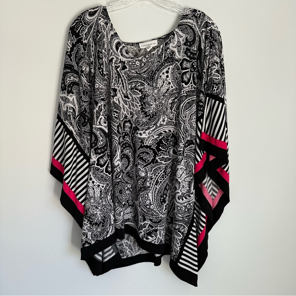 Susan Graver Liquid Knit Dolman Batwing Sleeve Blouse Paisley stripe print